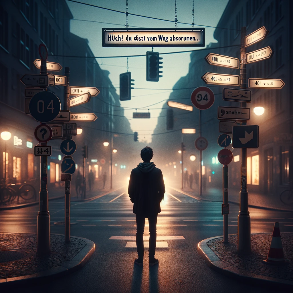 Mann in Großstadtdschungel starrt in eine Straße bei Nacht vor lauter Schildern.