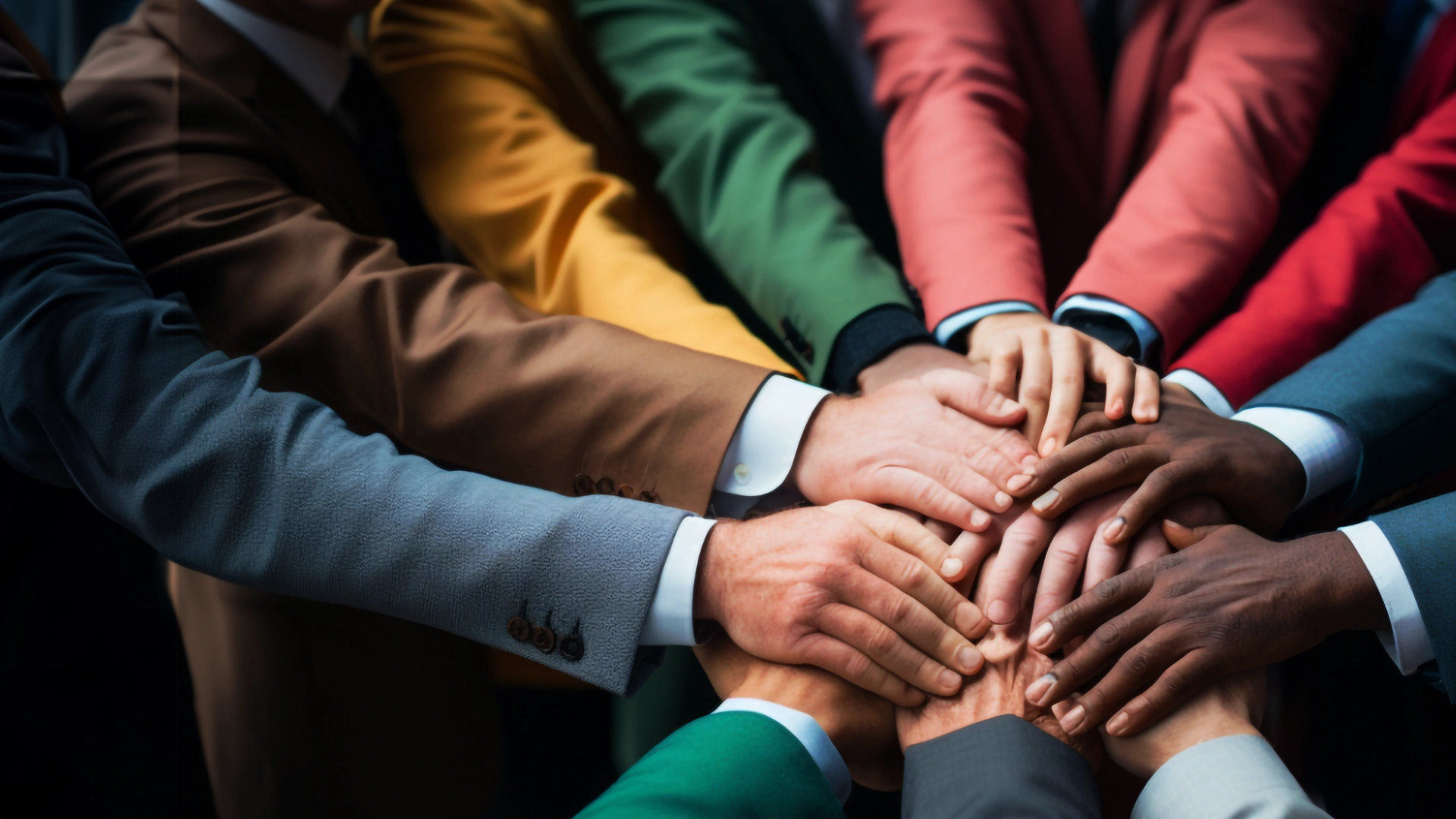 Diverse Menschengruppe packt Hände aufeinander